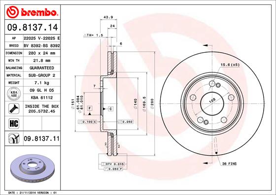 A.B.S. 09.8137.11 BREMBO Bremsscheibe