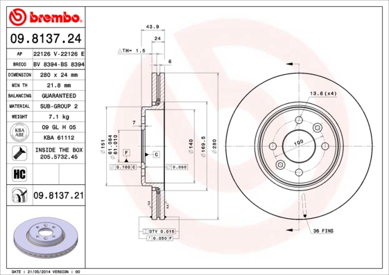 A.B.S. 09.8137.21 BREMBO COATED DISC LINE Bremsscheibe