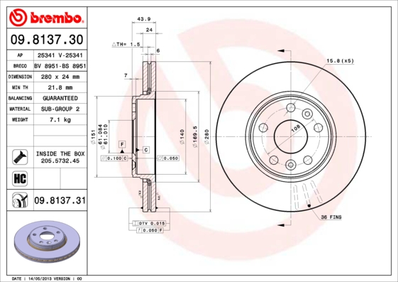 A.B.S. 09.8137.31 BREMBO COATED DISC LINE Bremsscheibe