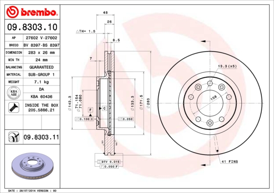 A.B.S. 09.8303.11 BREMBO COATED DISC LINE Bremsscheibe