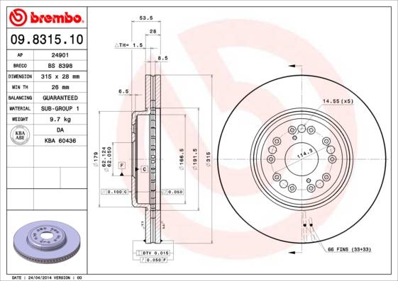 A.B.S. 09.8315.10 BREMBO Bremsscheibe
