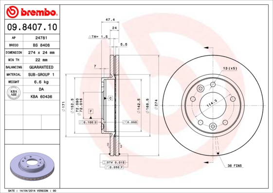 A.B.S. 09.8407.10 BREMBO Bremsscheibe