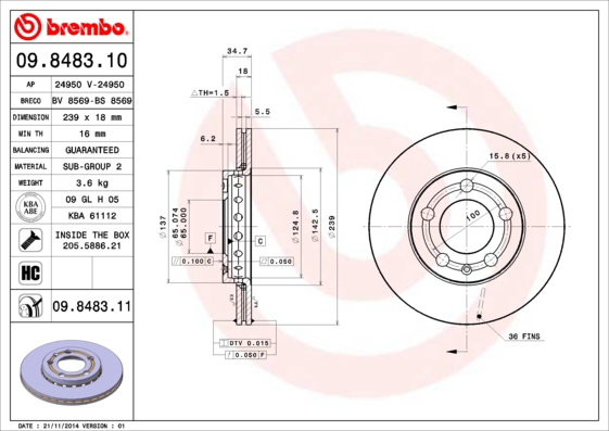 A.B.S. 09.8483.11 BREMBO COATED DISC LINE Bremsscheibe
