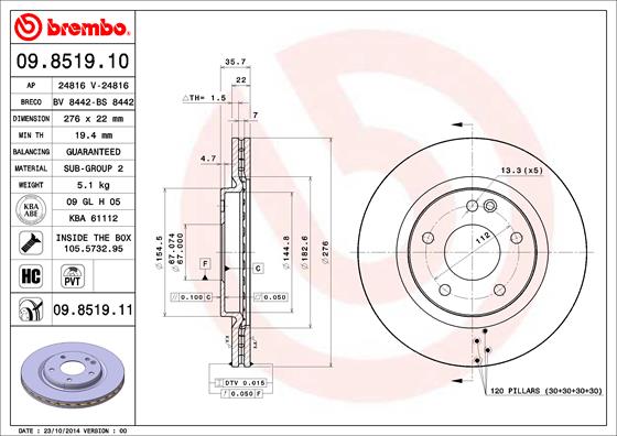 A.B.S. 09.8519.11 BREMBO COATED DISC LINE Bremsscheibe
