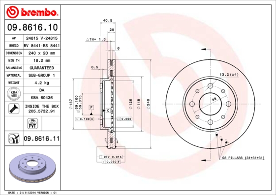 A.B.S. 09.8616.11 BREMBO COATED DISC LINE Bremsscheibe
