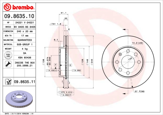 A.B.S. 09.8635.11 BREMBO COATED DISC LINE Bremsscheibe
