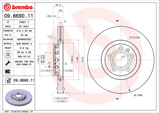 A.B.S. 09.8690.11 BREMBO COATED DISC LINE Bremsscheibe