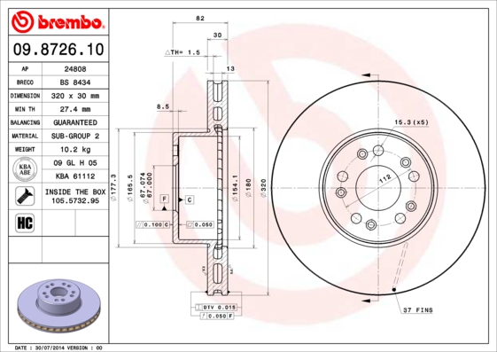 A.B.S. 09.8726.10 BREMBO Bremsscheibe