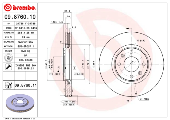 A.B.S. 09.8760.11 BREMBO COATED DISC LINE Bremsscheibe