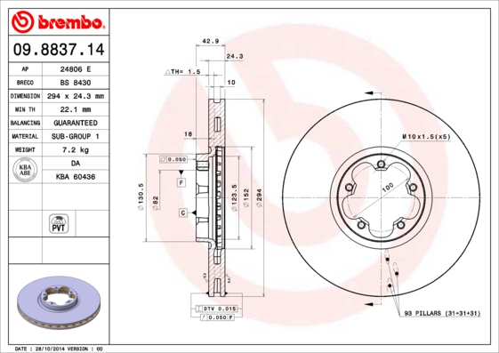 A.B.S. 09.8837.14 BREMBO Bremsscheibe