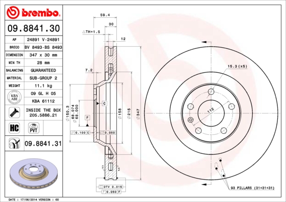 A.B.S. 09.8841.31 BREMBO COATED DISC LINE Bremsscheibe