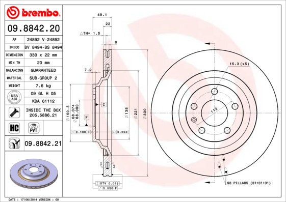 A.B.S. 09.8842.21 BREMBO COATED DISC LINE Bremsscheibe