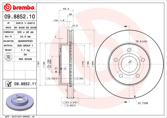 A.B.S. 09.8852.11 BREMBO COATED DISC LINE Bremsscheibe