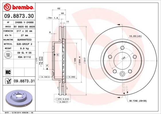 A.B.S. 09.8873.31 BREMBO COATED DISC LINE Bremsscheibe