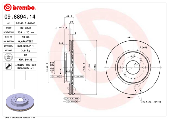 A.B.S. 09.8894.14 BREMBO Bremsscheibe