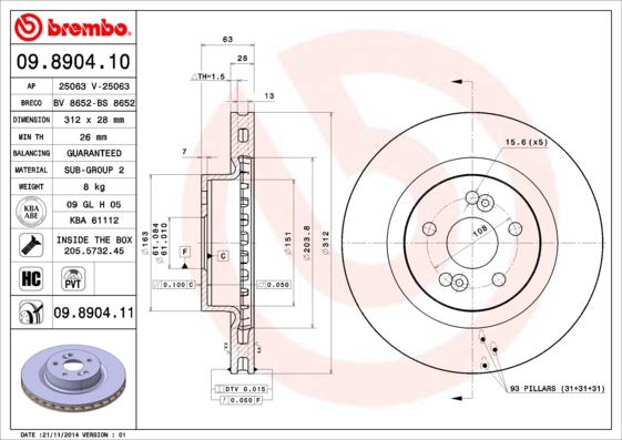 A.B.S. 09.8904.11 BREMBO COATED DISC LINE Bremsscheibe