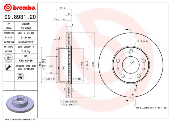 A.B.S. 09.8931.21 BREMBO COATED DISC LINE Bremsscheibe