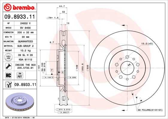 A.B.S. 09.8933.11 BREMBO COATED DISC LINE Bremsscheibe