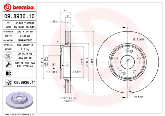 A.B.S. 09.8936.11 BREMBO COATED DISC LINE Bremsscheibe