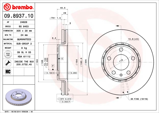 A.B.S. 09.8937.11 BREMBO COATED DISC LINE Bremsscheibe
