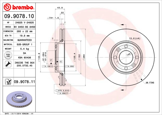 A.B.S. 09.9078.11 BREMBO COATED DISC LINE Bremsscheibe