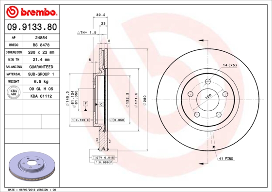 A.B.S. 09.9133.81 BREMBO Bremsscheibe
