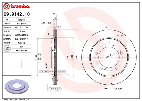 A.B.S. 09.9142.10 BREMBO Bremsscheibe