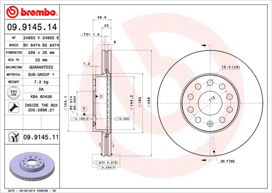 A.B.S. 09.9145.11 BREMBO COATED DISC LINE Bremsscheibe