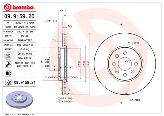 A.B.S. 09.9159.21 BREMBO COATED DISC LINE Bremsscheibe
