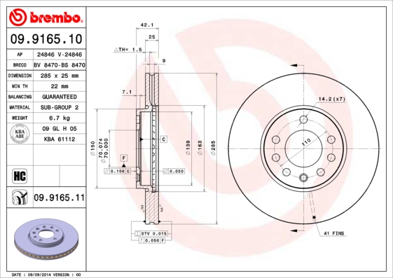 A.B.S. 09.9165.11 BREMBO COATED DISC LINE Bremsscheibe