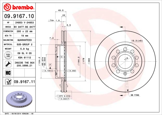 A.B.S. 09.9167.11 BREMBO COATED DISC LINE Bremsscheibe