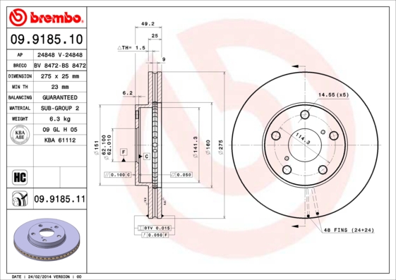 A.B.S. 09.9185.11 BREMBO COATED DISC LINE Bremsscheibe