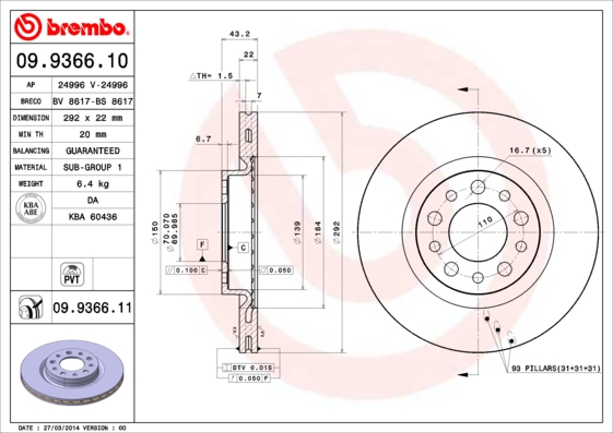 A.B.S. 09.9366.11 BREMBO COATED DISC LINE Bremsscheibe