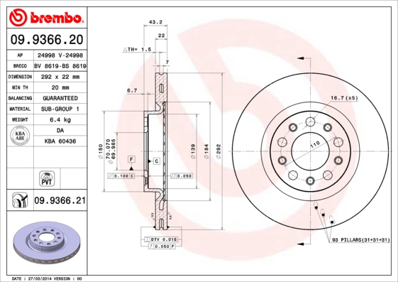 A.B.S. 09.9366.21 BREMBO COATED DISC LINE Bremsscheibe