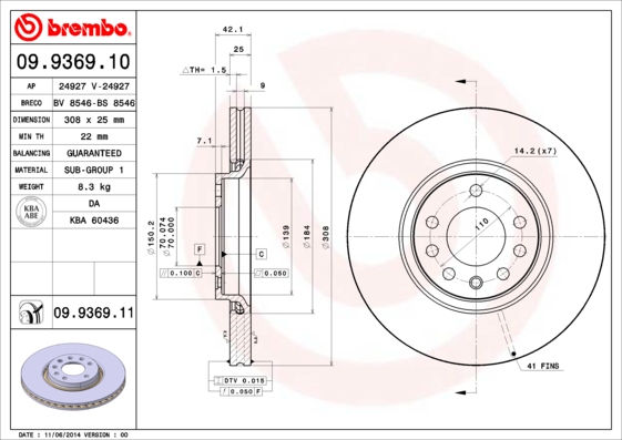 A.B.S. 09.9369.11 BREMBO COATED DISC LINE Bremsscheibe