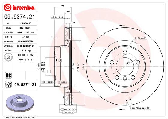 A.B.S. 09.9374.21 BREMBO COATED DISC LINE Bremsscheibe