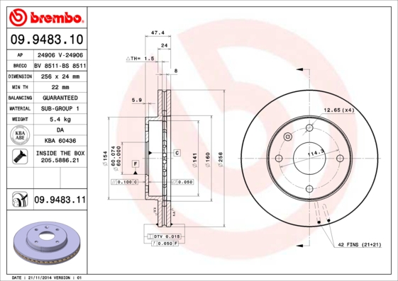 A.B.S. 09.9483.11 BREMBO COATED DISC LINE Bremsscheibe