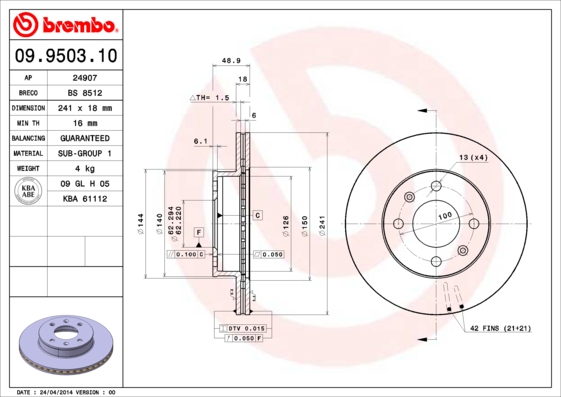 A.B.S. 09.9503.10 BREMBO Bremsscheibe