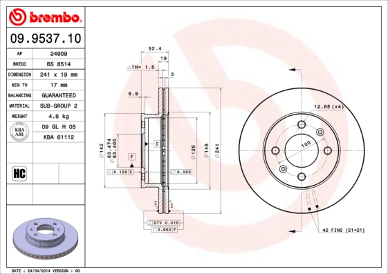 A.B.S. 09.9537.10 BREMBO Bremsscheibe