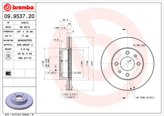 A.B.S. 09.9537.20 BREMBO Bremsscheibe