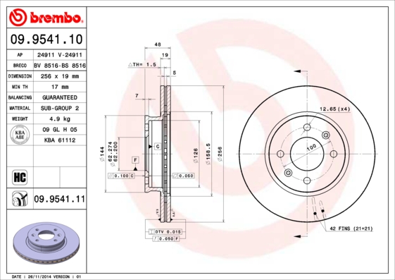 A.B.S. 09.9541.11 BREMBO COATED DISC LINE Bremsscheibe