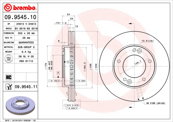 A.B.S. 09.9545.11 BREMBO COATED DISC LINE Bremsscheibe
