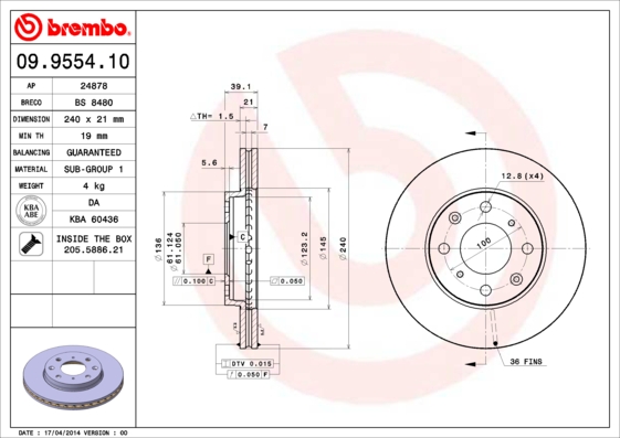 A.B.S. 09.9554.10 BREMBO Bremsscheibe
