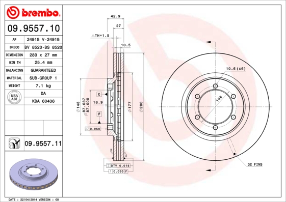 A.B.S. 09.9557.11 BREMBO COATED DISC LINE Bremsscheibe