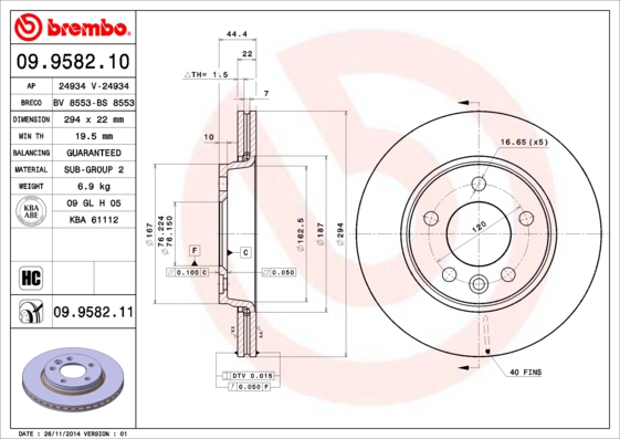 A.B.S. 09.9582.11 BREMBO COATED DISC LINE Bremsscheibe