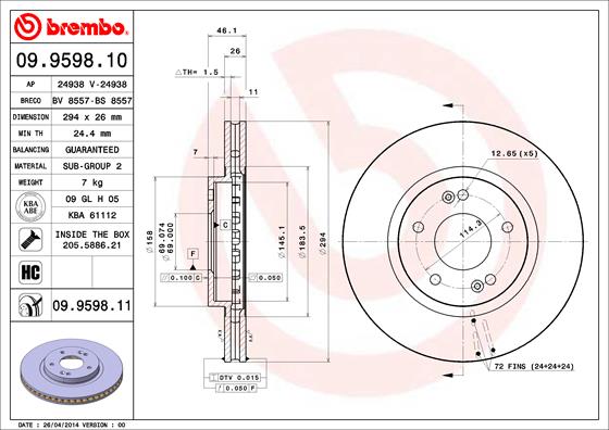 A.B.S. 09.9598.11 BREMBO COATED DISC LINE Bremsscheibe