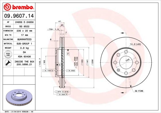A.B.S. 09.9607.14 BREMBO Bremsscheibe