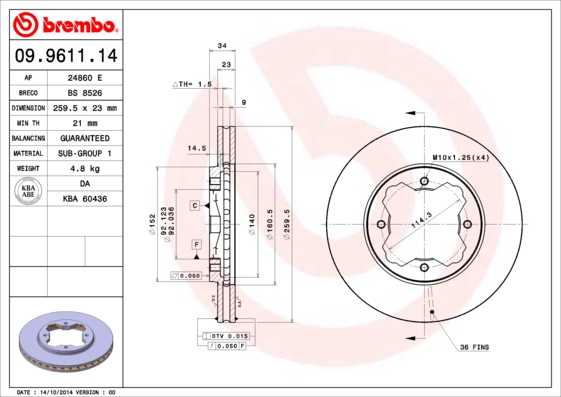 A.B.S. 09.9611.14 BREMBO Bremsscheibe