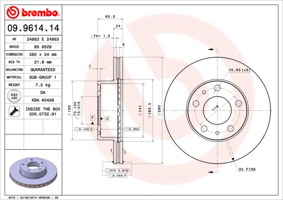 A.B.S. 09.9614.14 BREMBO Bremsscheibe