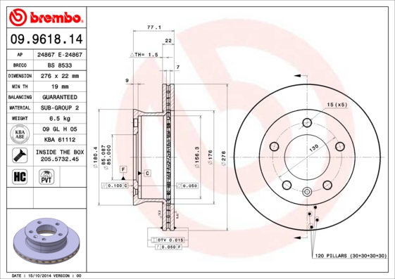 A.B.S. 09.9618.14 BREMBO Bremsscheibe